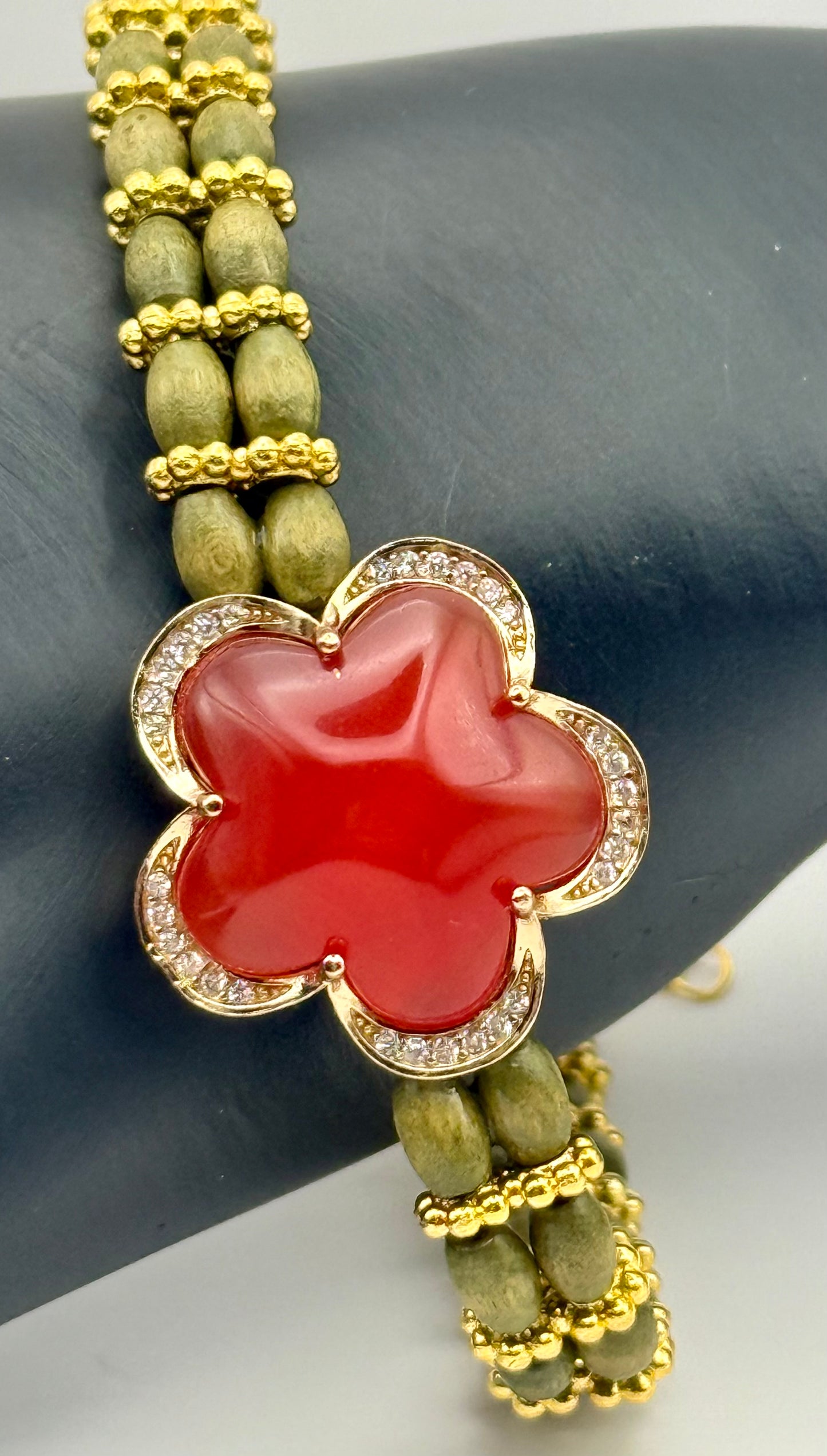Carnelian Rhinestone Focal with Green African Wood and Gold Accents Bracelet 8"