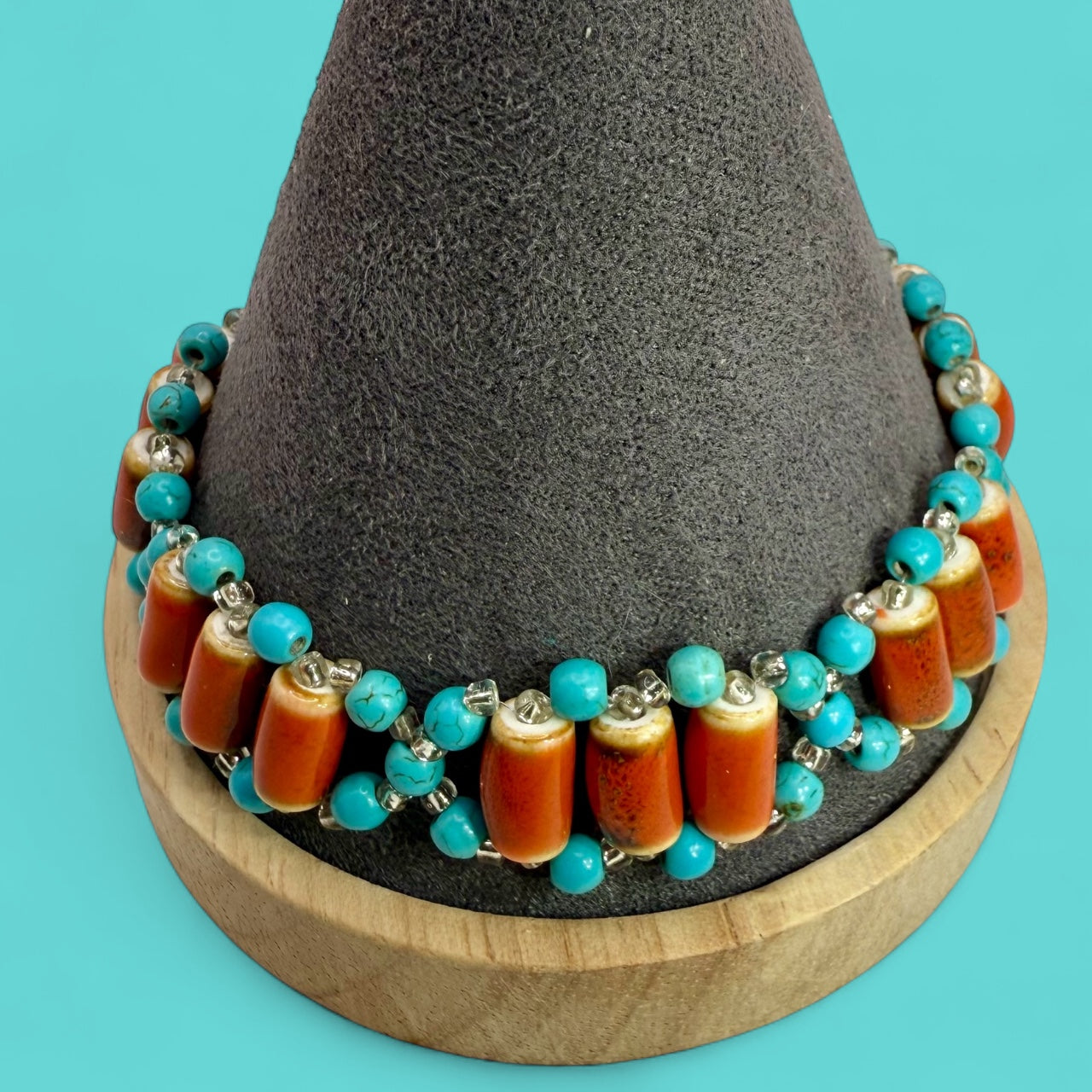 Handmade Turquoise Howlite & Terra Cotta Orange Ceramic Tube Beaded Bracelet – 7.5” Adjustable | Boho Southwest Jewelry