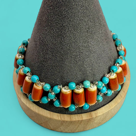 Handmade Turquoise Howlite & Terra Cotta Orange Ceramic Tube Beaded Bracelet – 7.5” Adjustable | Boho Southwest Jewelry