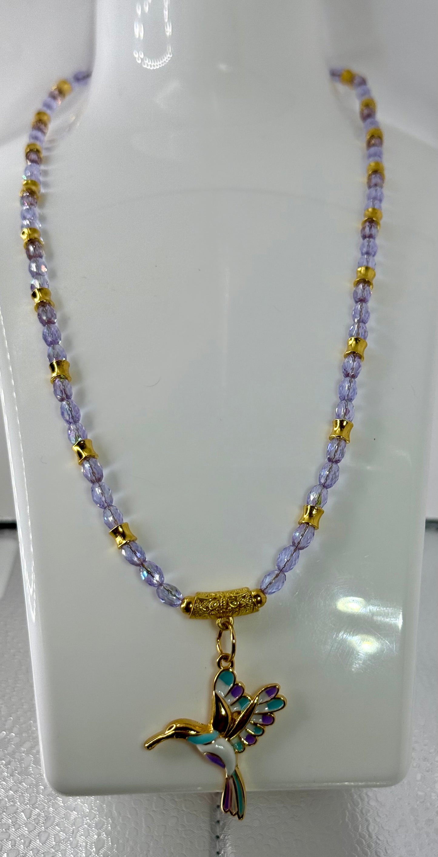 Purple Faceted Glass Necklace with Hummingbird Pendant – 18” Sparkly Beaded Necklace with Gold Accents – Free Matching Earrings Included