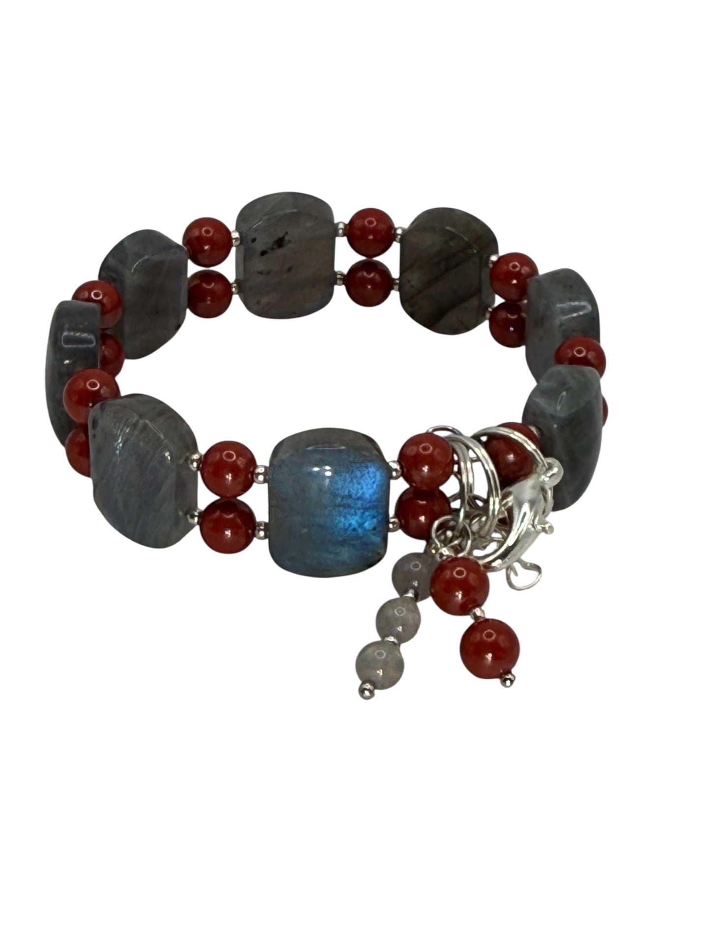 Flashing Labradorite and Cinnabar Double Bangle Bracelet | 7.5”–8” Adjustable Clasp Gemstone Bracelet | Handmade Statement Jewelry
