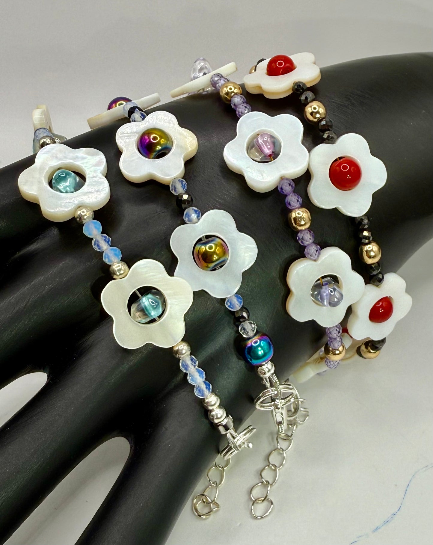 Mother of Pearl Flower Gemstone Bracelets 7.5” | Onyx, Tanzanite, Opalite & Rainbow Metallic | Handmade Gift |