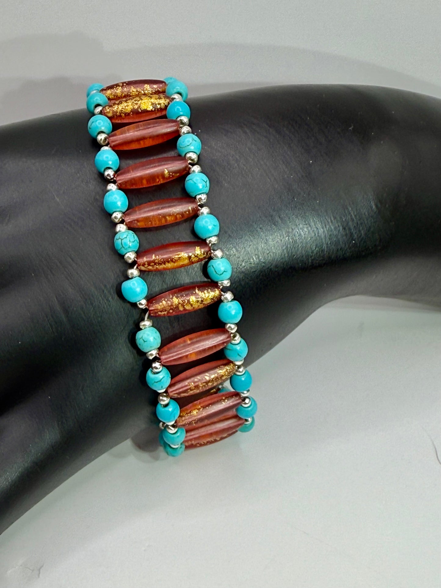 Handmade Turquoise Howlite & Golden Orange Rice Bead Bracelet – 7.5” Adjustable Clasp | Southwest Boho Jewelry