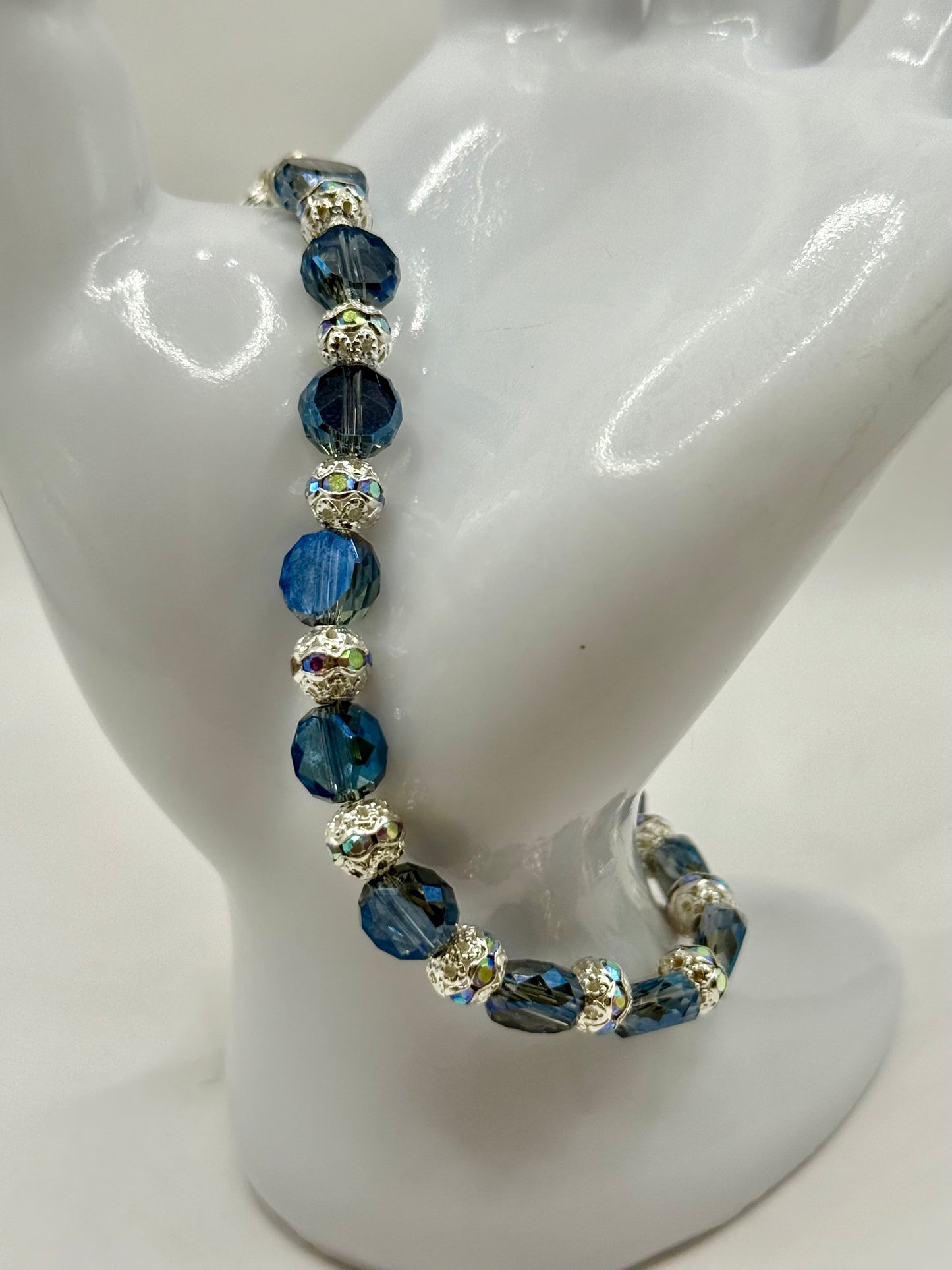 Elegant Deep Blue Faceted Glass Bracelet with Silver Accents | 7.5” Clasp Bracelet | Ocean Blue Crystal Jewelry | Gift for Her