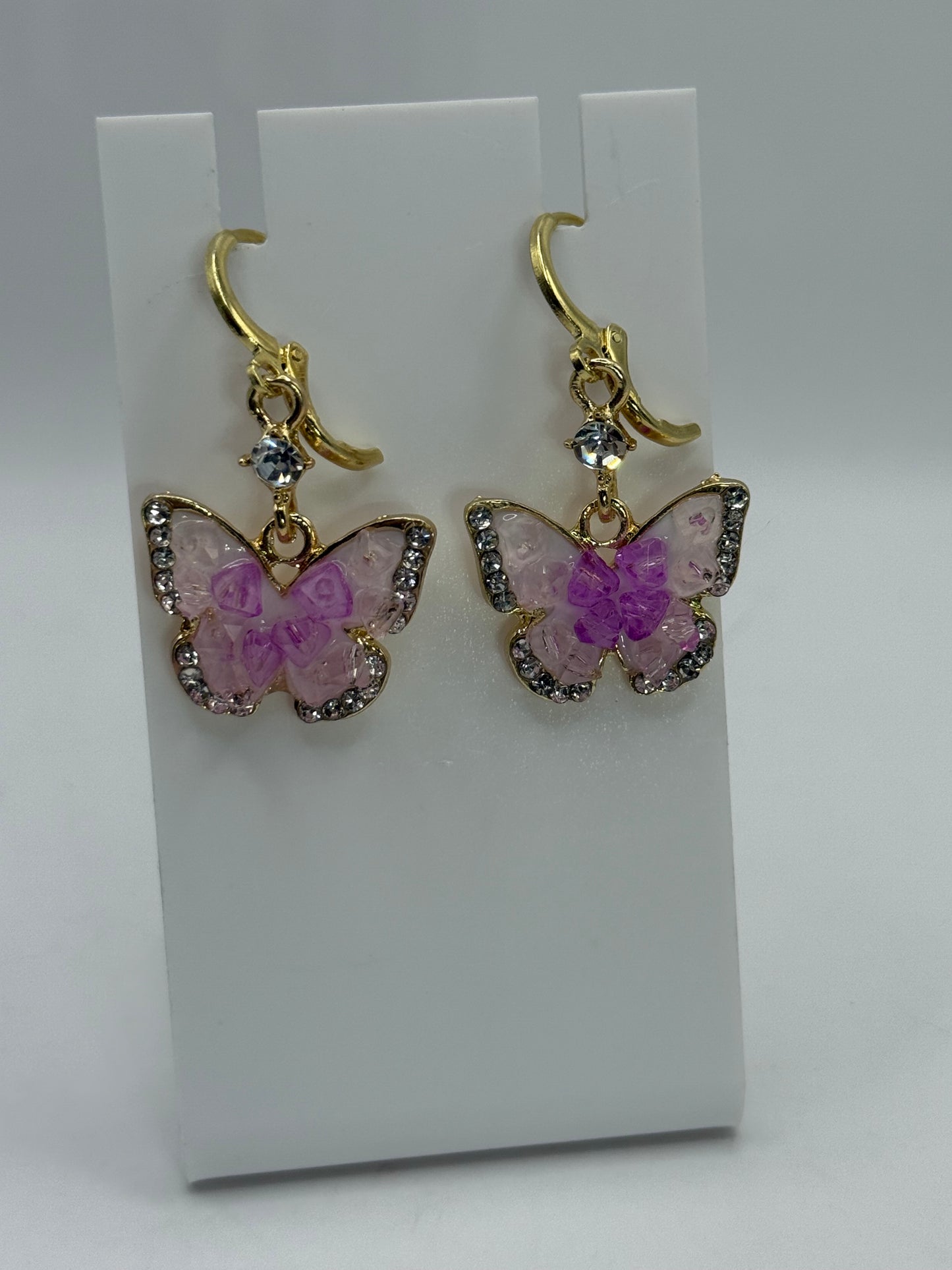 Pink Butterfly Dangle Earrings – Gold & Rhinestone Sparkle Jewelry