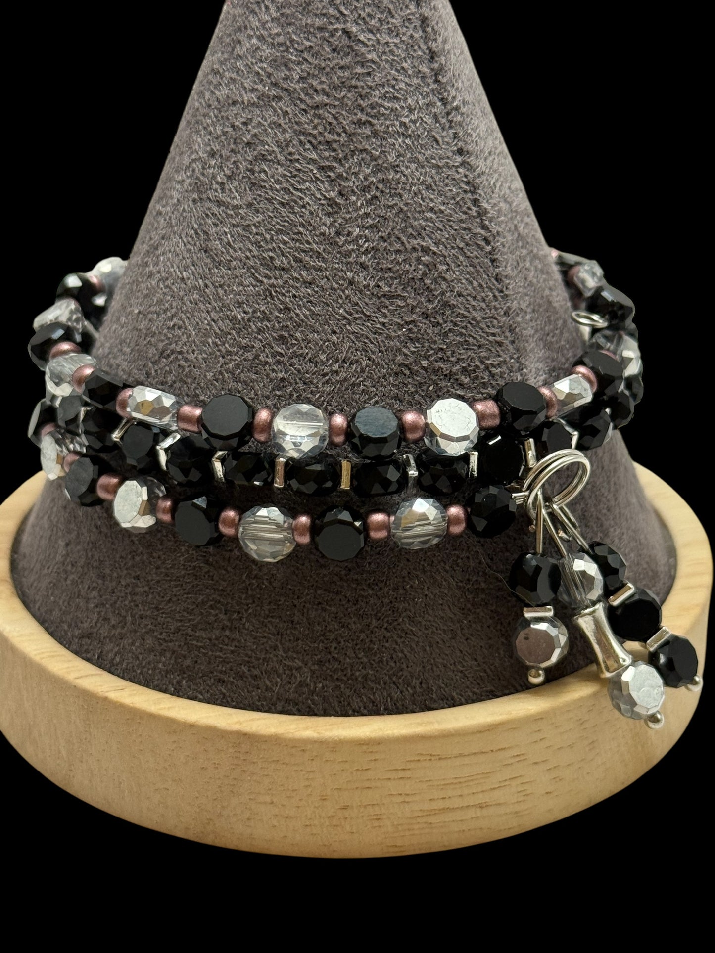 Elegant Black and Silver Beaded Wrap Bracelet – Crystal Glass Memory Wire Bracelet with Matching Charm – Handmade Jewelry
