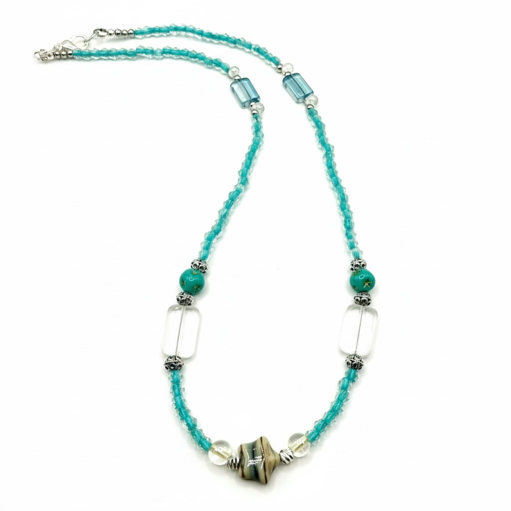Handmade Glass Bead Necklace with Star Focal | 20” Turquoise Beaded Necklace | Coastal Boho Jewelry