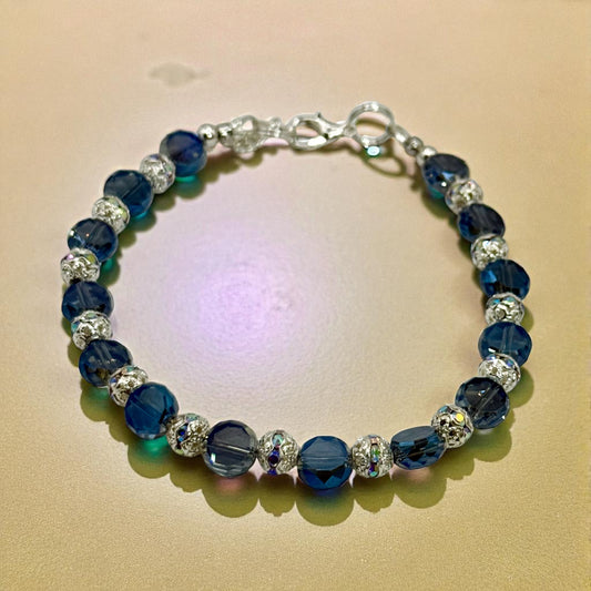 Elegant Deep Blue Faceted Glass Bracelet with Silver Accents | 7.5” Clasp Bracelet | Ocean Blue Crystal Jewelry | Gift for Her
