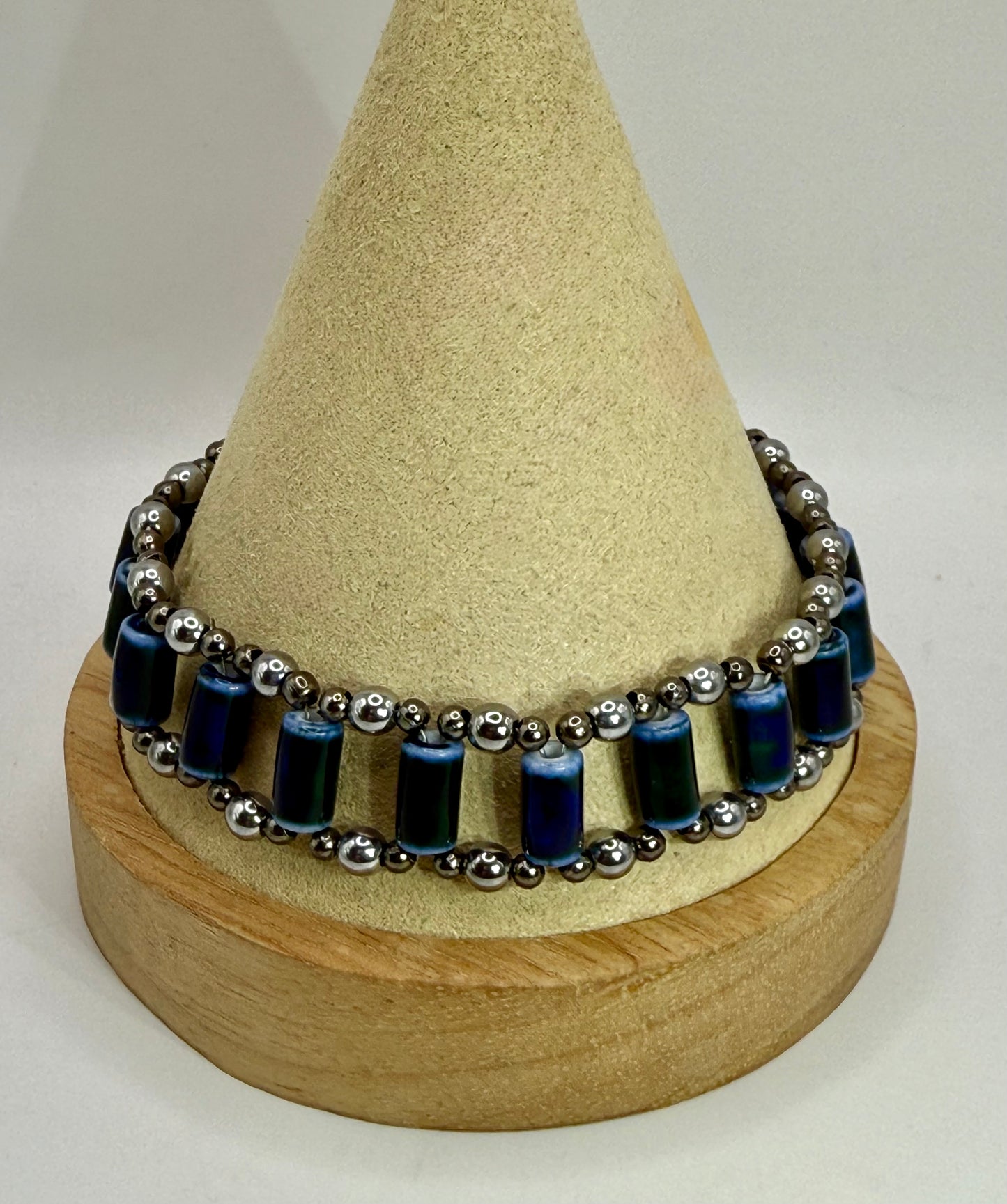 7.75” Double Banded Ceramic Tube Bead Bracelet | Blue Ceramic Beaded Jewelry | Handmade Adjustable Bracelet with Silver Accents
