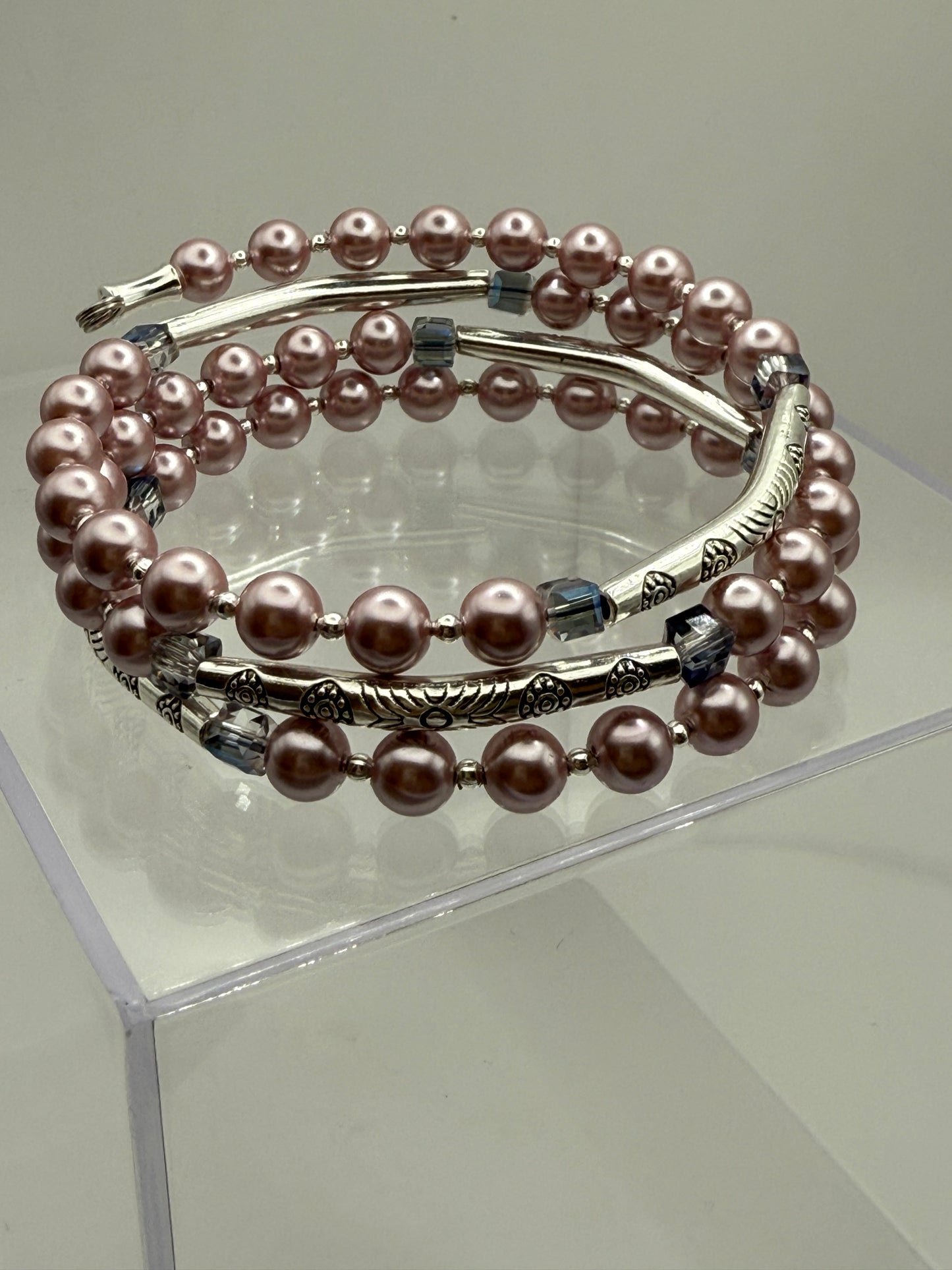 Dusty Rose Pearl Beaded Wrap Bracelet – One Size Fits Most - Memory Wire with Silver Accents