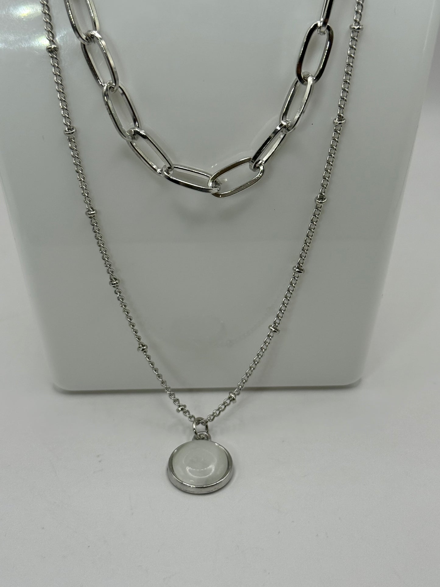Layered Silver Necklace Set – 18” & 22” Chains with Extenders, Iridescent Round Pendant