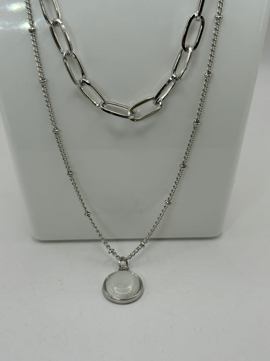 Layered Silver Necklace Set – 18” & 22” Chains with Extenders, Iridescent Round Pendant
