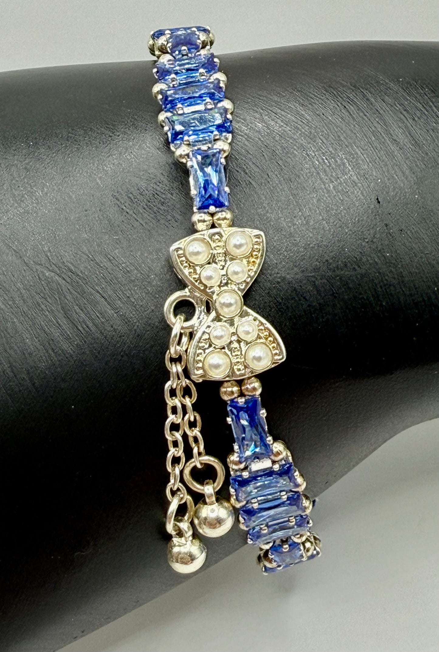 Blue Rhinestone Bow Bracelet – 7.5” – Elegant Crystal Bracelet with Pearl Accent Bow Clasp – Sparkling Gift for Her