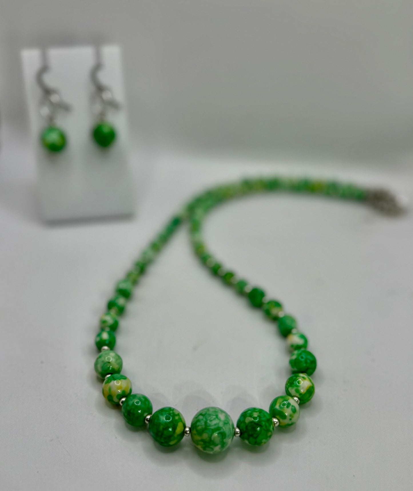 Green Marbled Bead Necklace with Free Matching Earrings • 20” Handmade Necklace Set • Green Jewelry Gift • Statement Bead Necklace