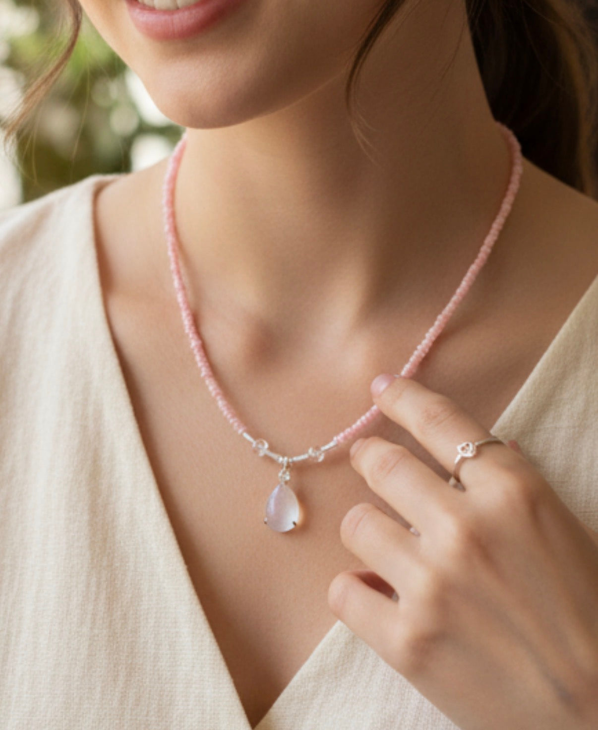 Pink Opal & Moonstone Necklace Set, 20” Teardrop Moonstone Necklace with Matching 7.5” Stretch Bracelet