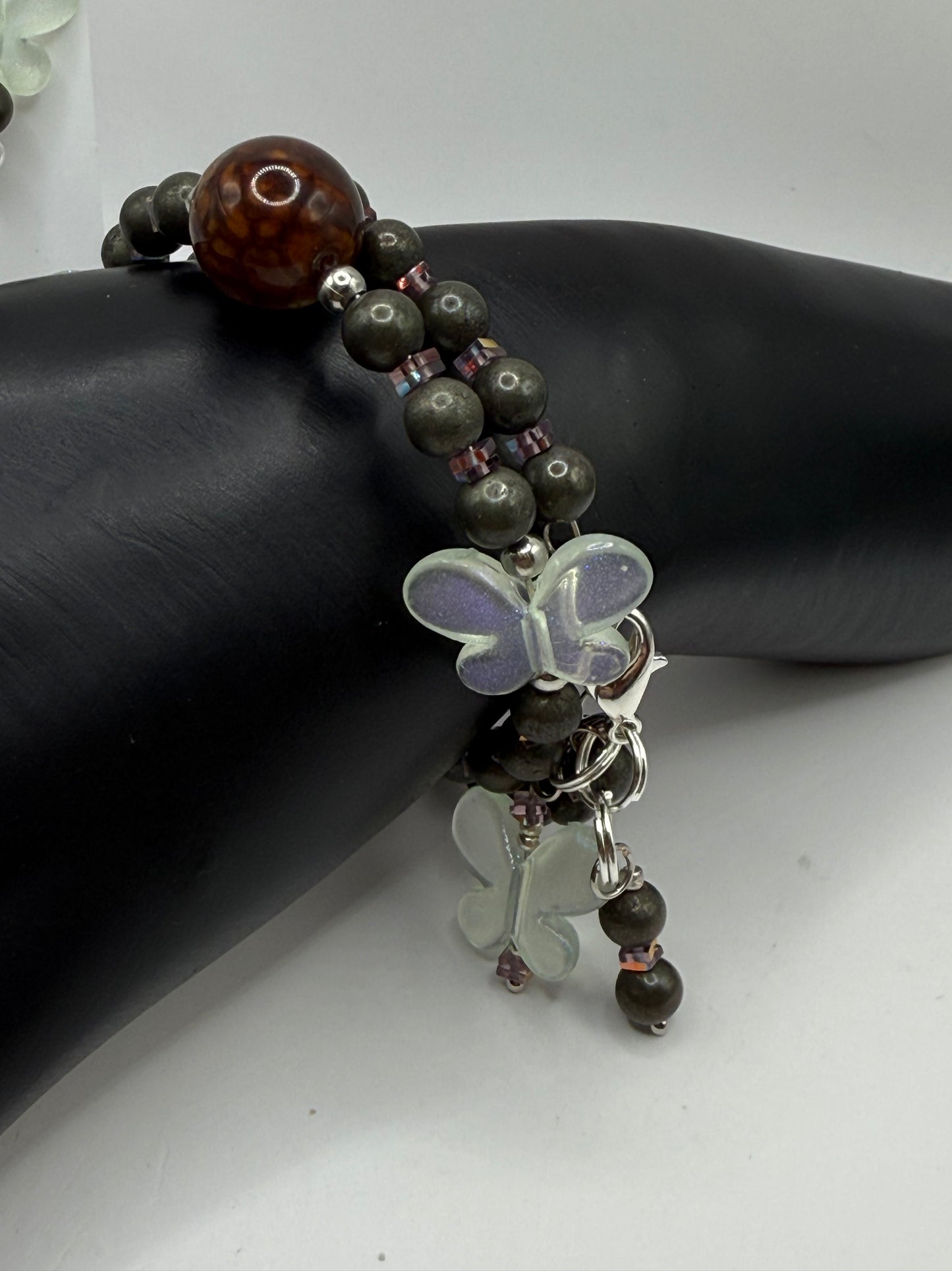 7.5” Dragon Vein Agate and Pyrite Bracelet Set with Iridescent Butterfly Charms | Handmade Gemstone Jewelry + Free Matching Earrings