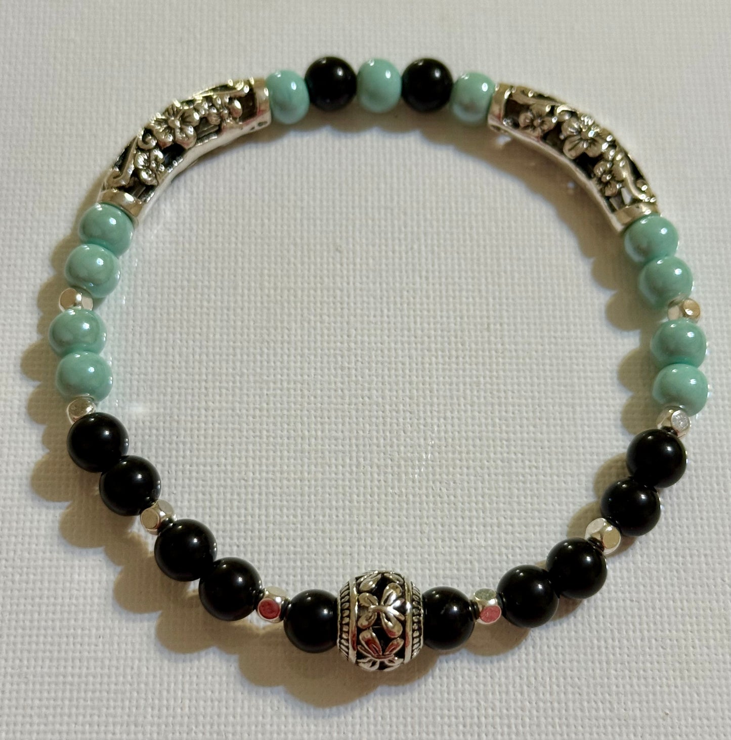 Black Agate and Ocean Stretch Bracelet 8"