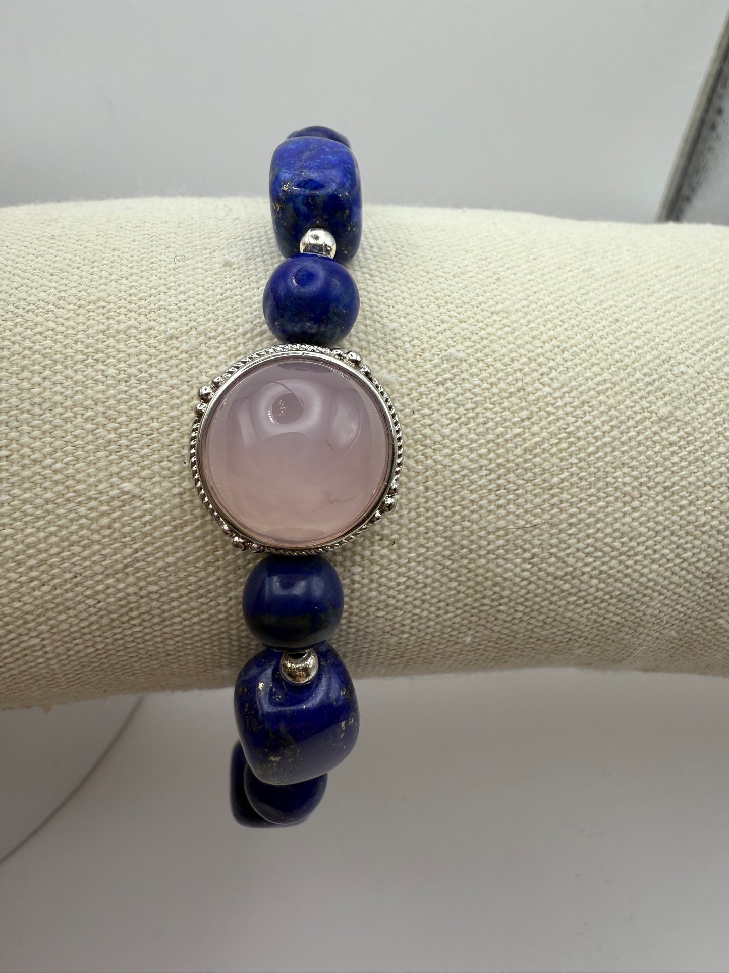 Lapis Lazuli stretch bracelet with Rose Quartz focal 8"