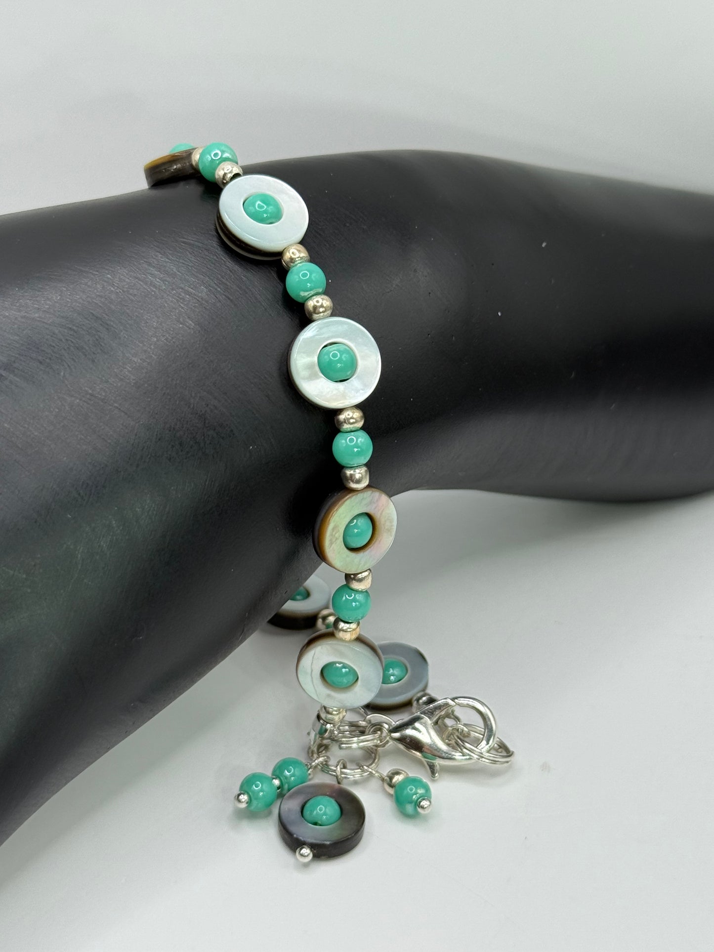 Teal Glass and Mother of Pearl Bracelet 8.25” | Ocean Style Boho Jewelry | Shell and Teal Beaded Bracelet | Gift for Her | Clasp Bracelet