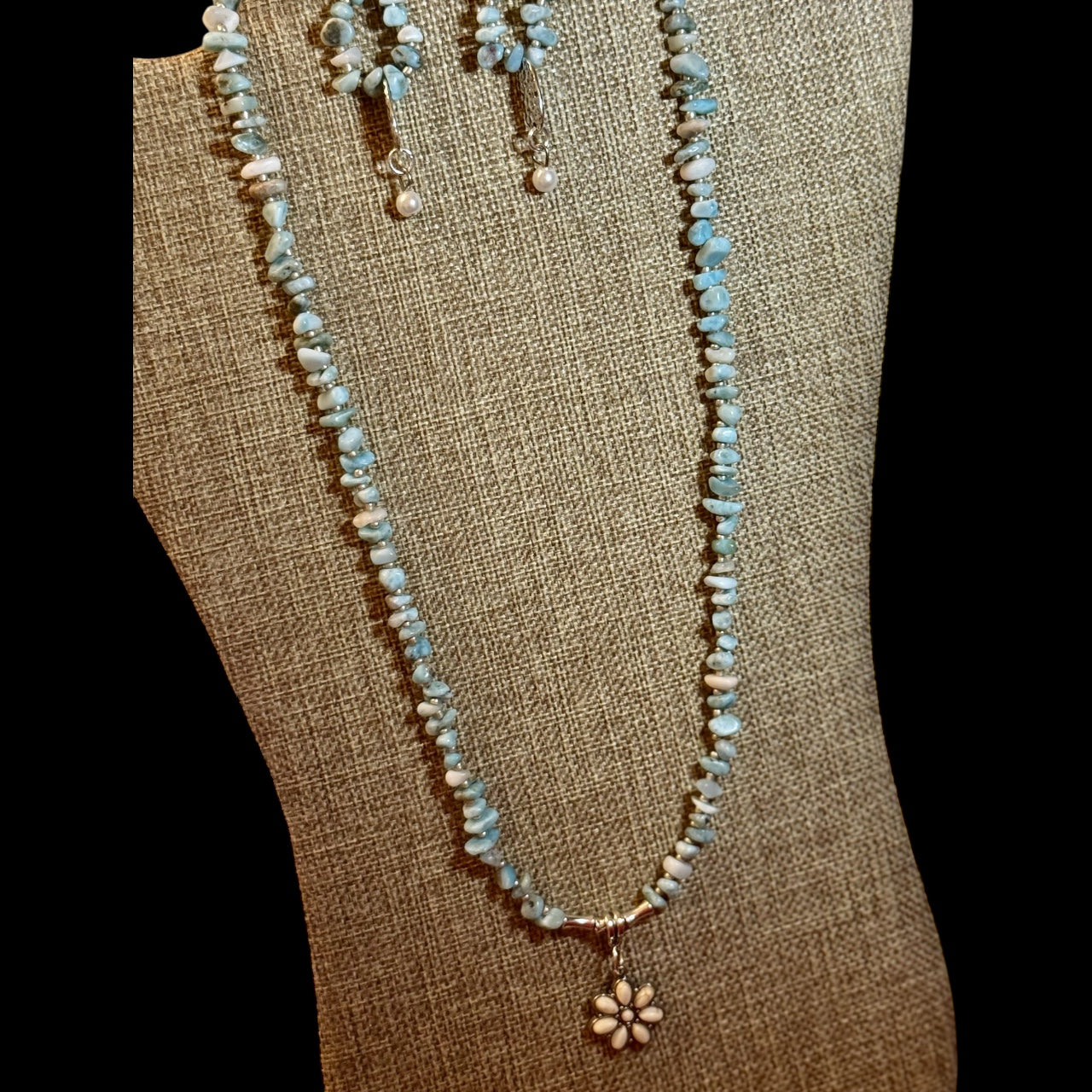 Handmade 20” Larimar Necklace with Matching Earrings – Natural Blue Gemstone Jewelry Set with Flower Pendant
