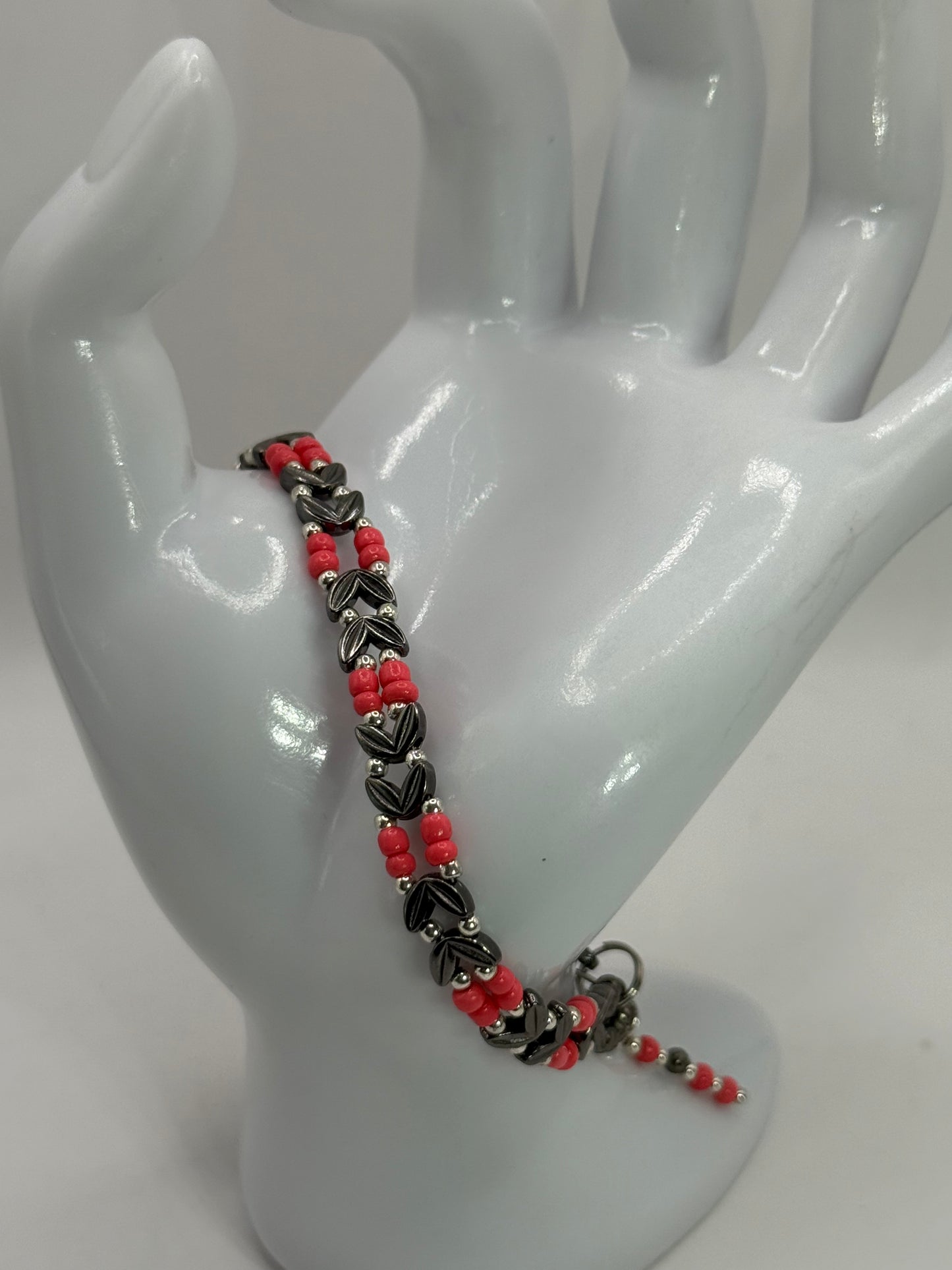 Chic Chevron Beaded Bracelet – Salmon Glass Beads & Silver Accents, 7.5” Clasp, Handmade Jewelry Gift, Free Resizing Available