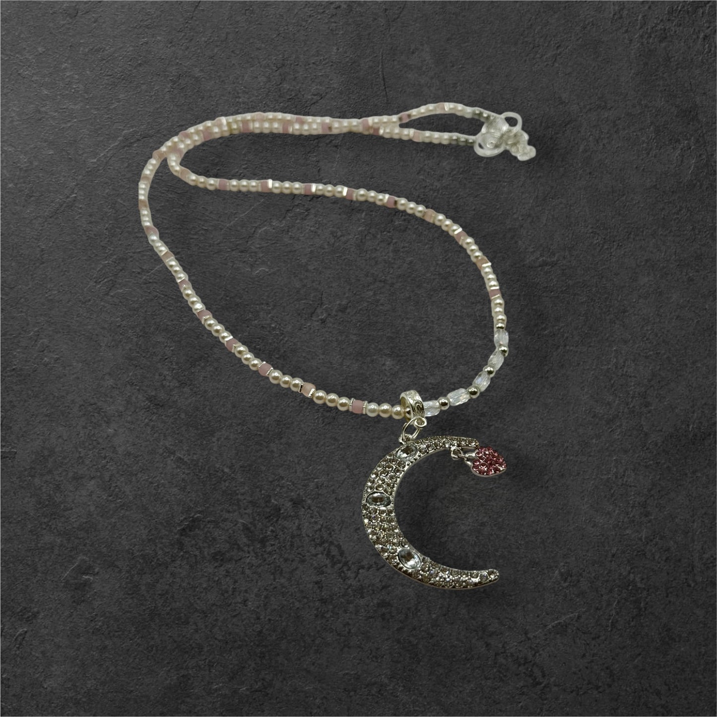 26” Celestial Moon and Heart Pendant Necklace | Beaded Pearl & Crystal | Handmade Moon Jewelry | Starry Sky Aesthetic
