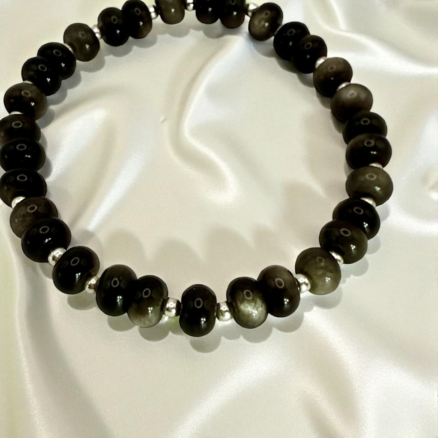 Silver Obsidian Bracelet – 7.5" Stretch Gemstone Bracelet – Unisex Protection Jewelry – Handmade Crystal Beaded Bracelet