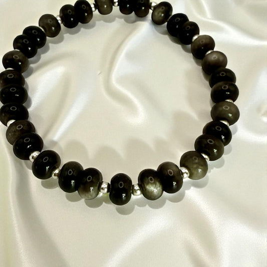 Silver Obsidian Bracelet – 7.5" Stretch Gemstone Bracelet – Unisex Protection Jewelry – Handmade Crystal Beaded Bracelet