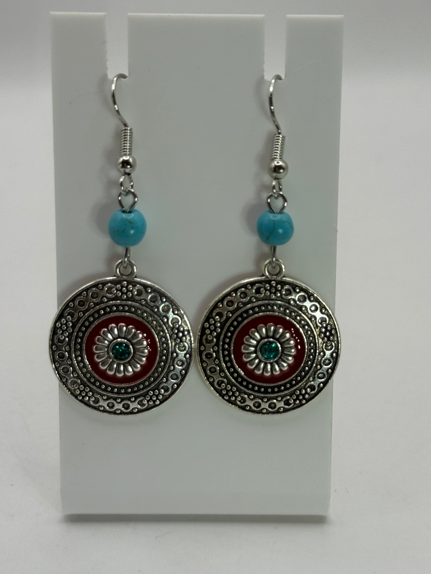 Turquoise Bead and Silver Mandala Earrings – Boho Western Dangle Jewelry