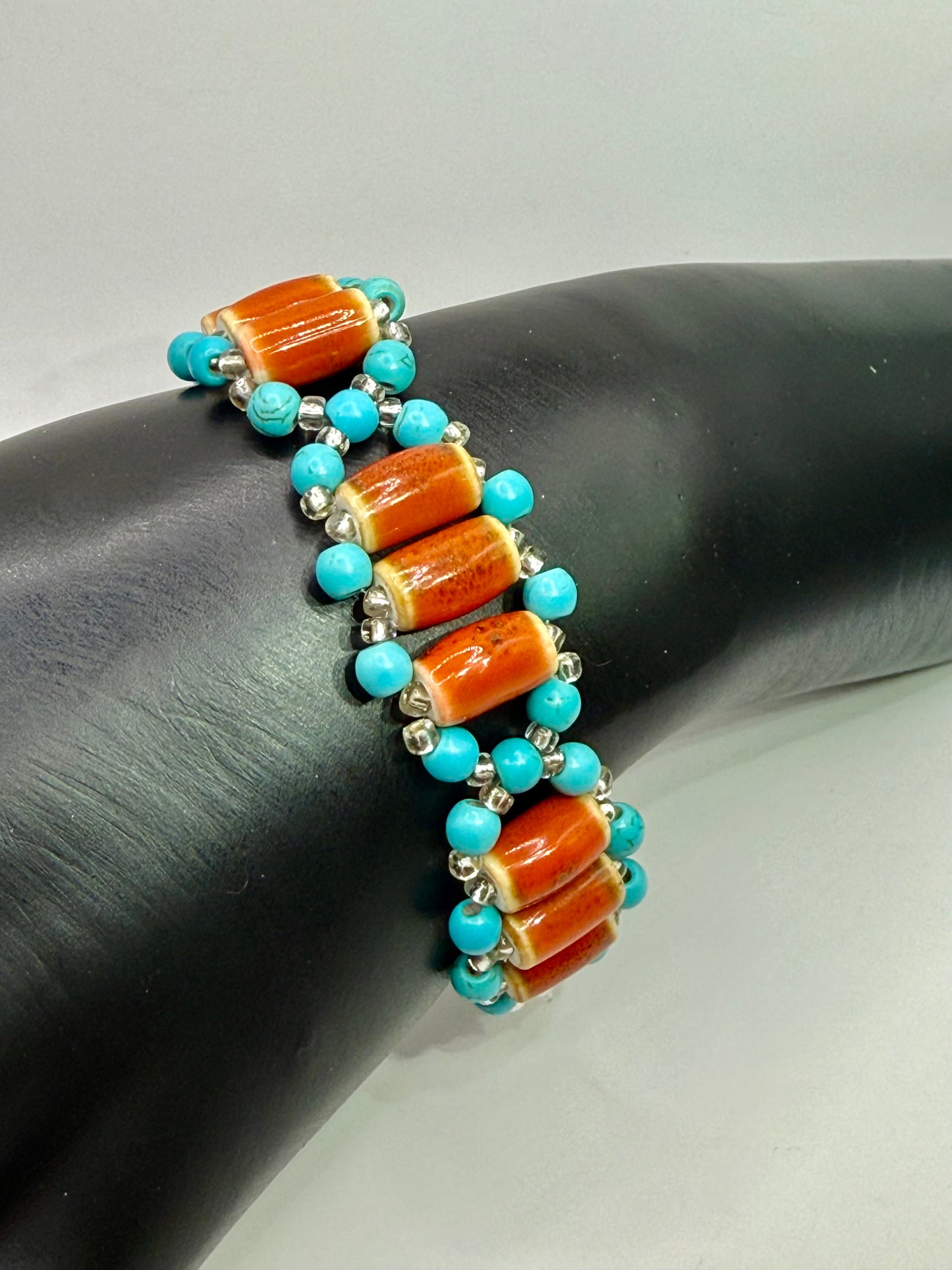 Handmade Turquoise Howlite & Terra Cotta Orange Ceramic Tube Beaded Bracelet – 7.5” Adjustable | Boho Southwest Jewelry