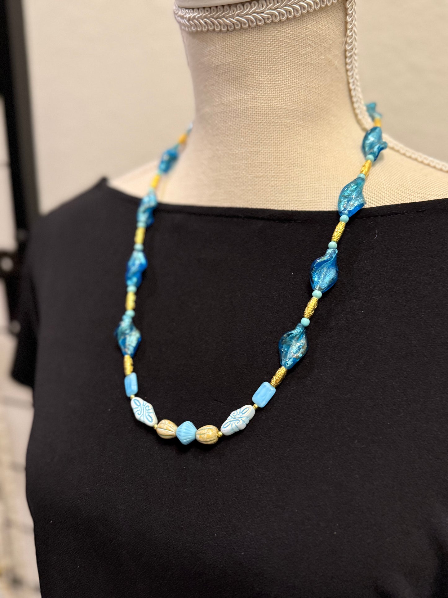 Czech Glass Necklace 22 Inch | Blue Glass Beaded Necklace | Handmade Statement Necklace | Coastal Jewelry | Gift for Her