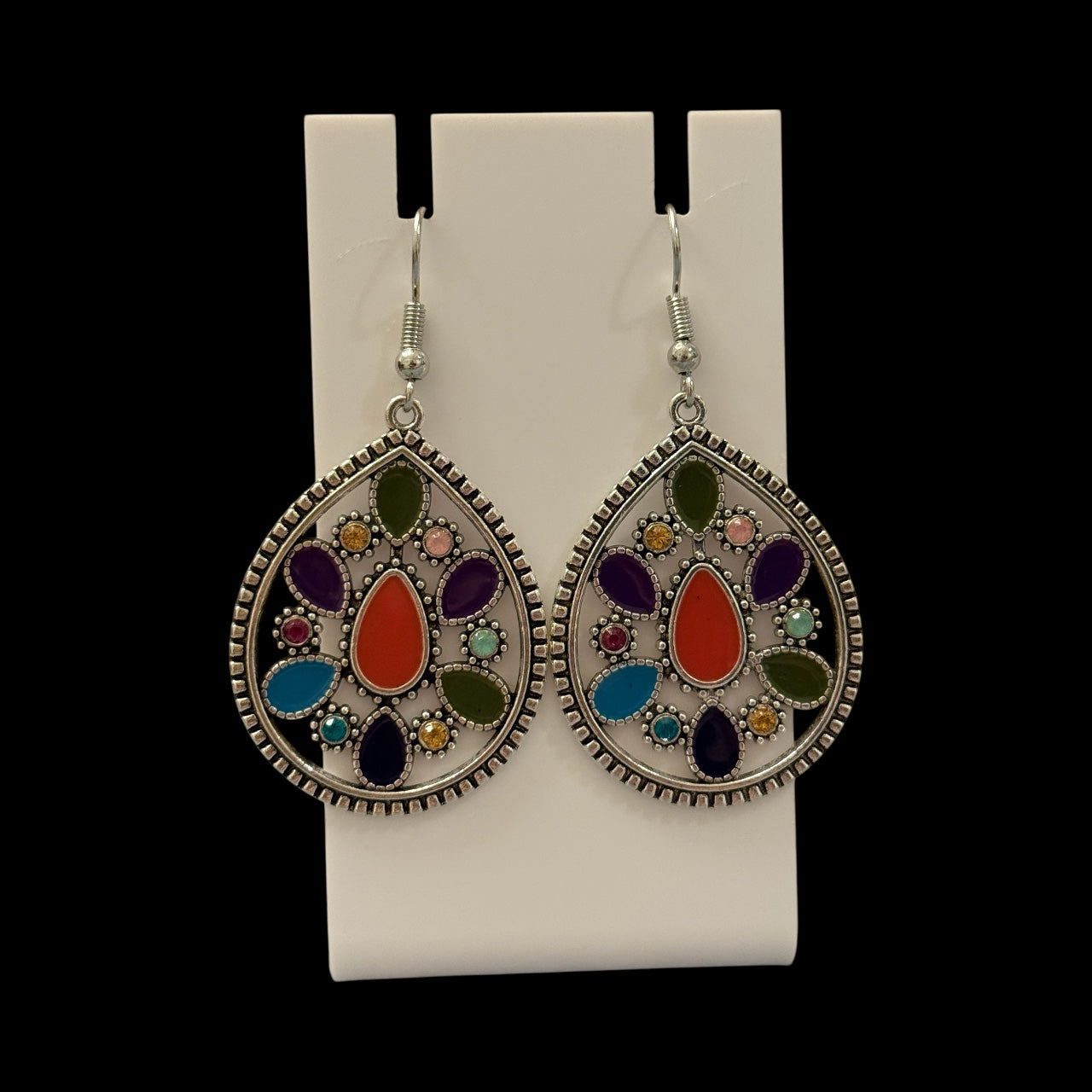 Multicolor Teardrop Boho Dangle Earrings | Southwestern Mosaic Statement Drops | Colorful Silver-Tone Hooks | Gift for Her
