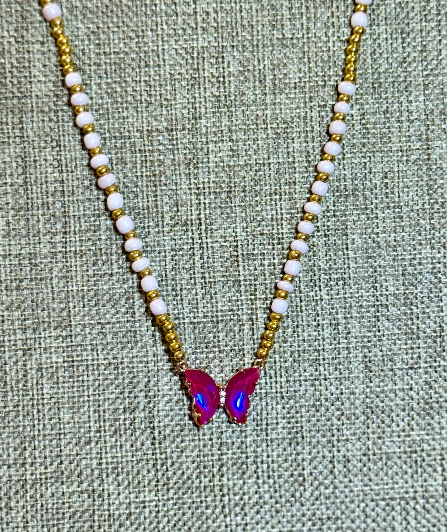Gold and Pink Beaded Necklace with Bright Pink Butterfly Pendant – 20” Handmade Necklace Gift for Her