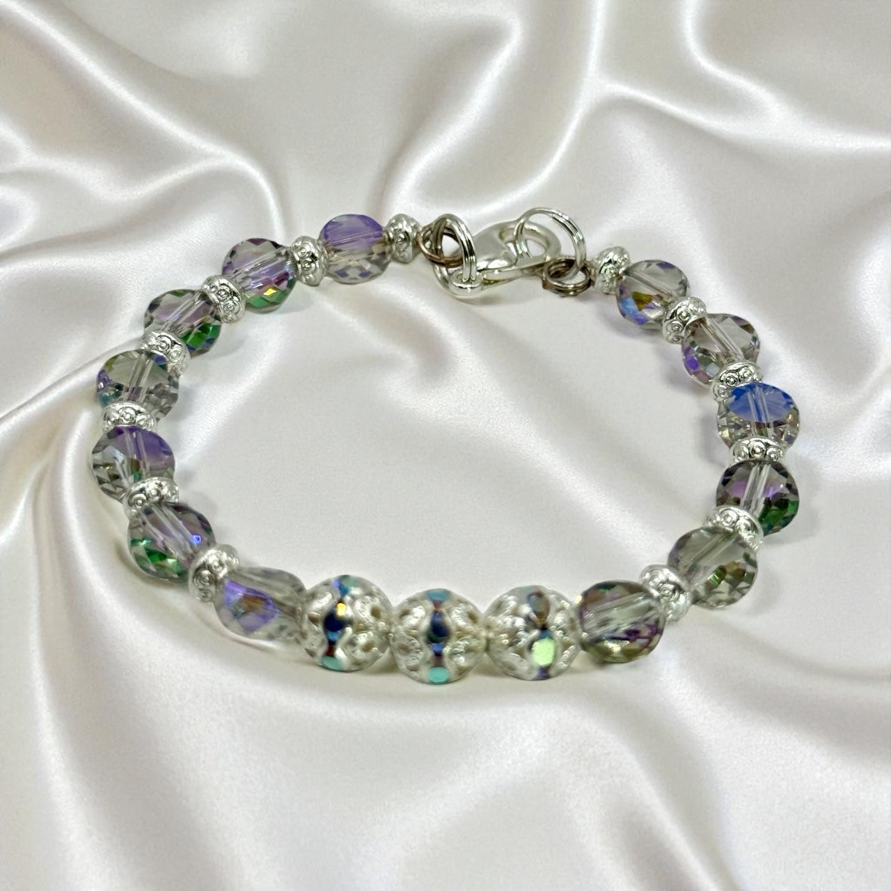 Electroplated Glass Coin Bracelet – 7.5” Clasp, Iridescent Crystal Beads, Handmade Jewelry Gift for Her
