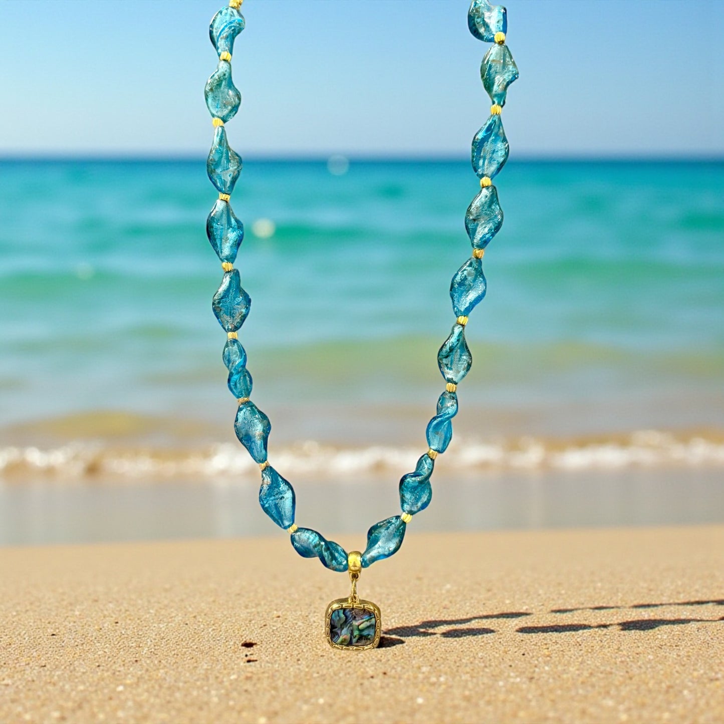 Blue Art Glass Necklace Bracelet Earrings Set | Coastal Jewelry Set | Abalone Pendant | Handmade Statement Jewelry awwwww