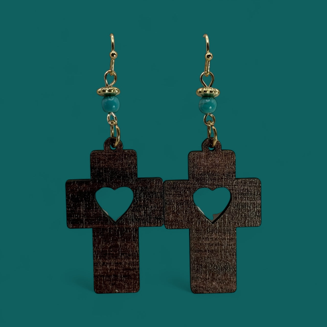 Wooden Cross Earrings with Heart Cutout – Handmade Dangle Earrings with Turquoise Howlite Bead Accent