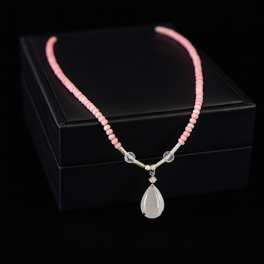 Pink Opal & Moonstone Necklace Set, 20” Teardrop Moonstone Necklace with Matching 7.5” Stretch Bracelet