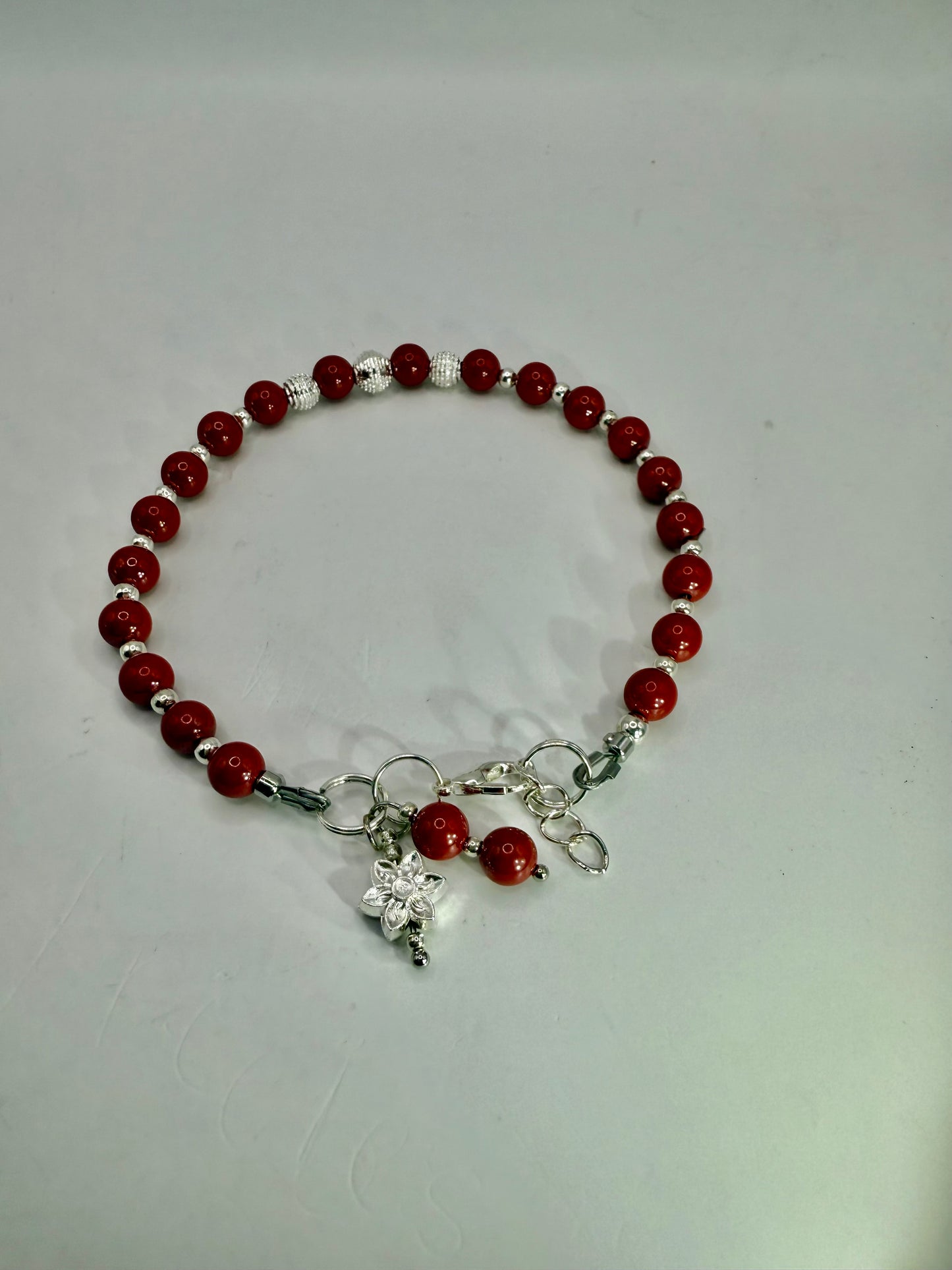 Cinnabar Crystal Bracelet with Silver Accents – 7.75” Red Beaded Jewelry, Adjustable Clasp Bracelet, Handmade Gift for Her