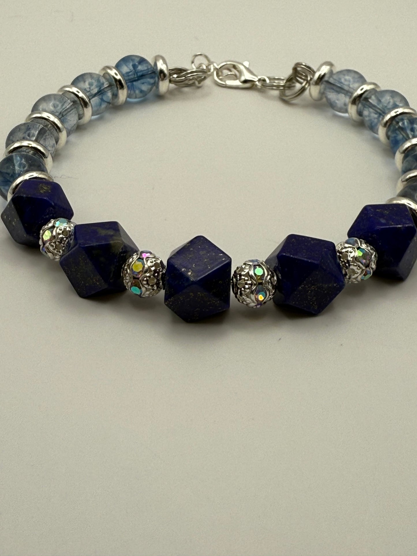 Lapis Lazuli Crystal Bracelet with Light Blue Phantom Quartz 7.5"