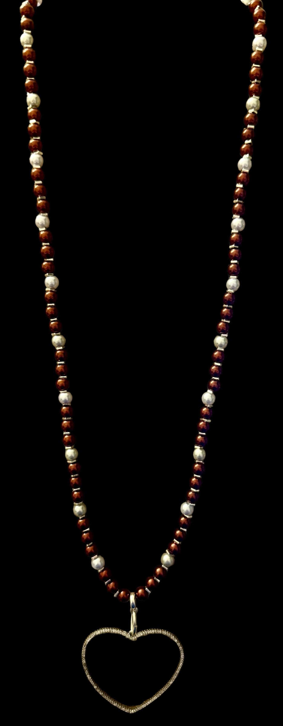 Ivory & Burgundy Glass Pearl Necklace – 26” Beaded Heart Pendant – Handmade Statement Jewelry – Elegant Gift for Her – Anniversary Necklace
