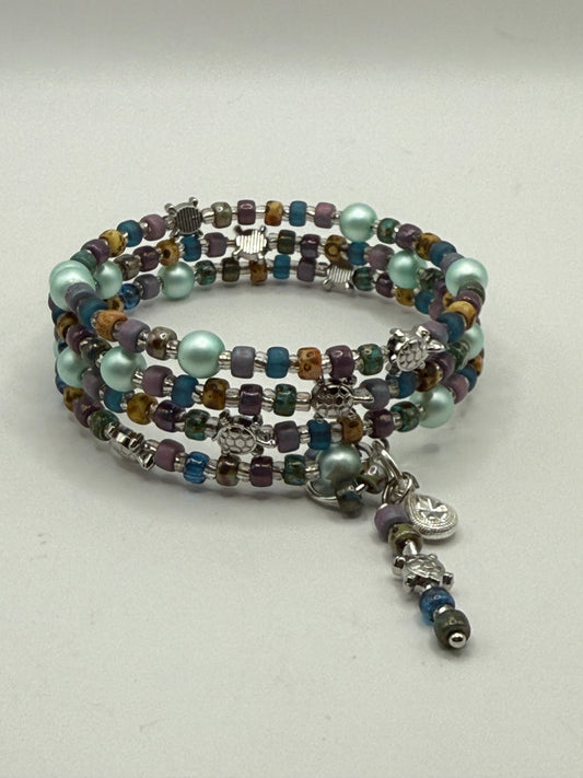 Boho Sea Turtle Wrap Bracelet – Multicolor Glass Bead Memory Wire Bangle – Beach Inspired Jewelry Gift