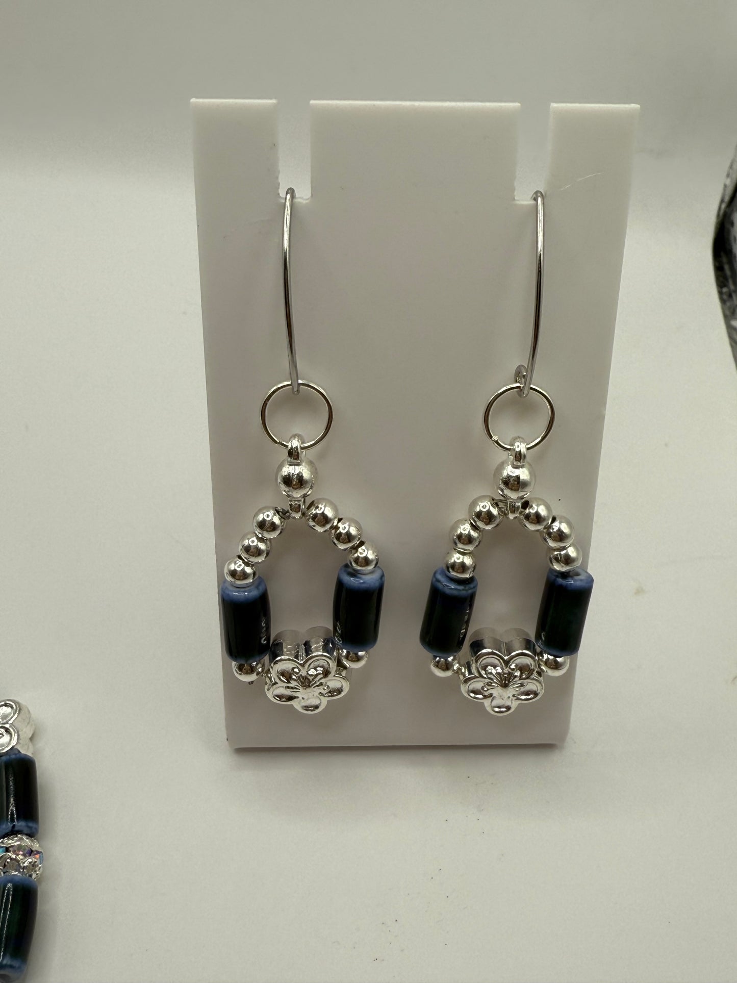 Blue Ceramic Tube Bead Bracelet with Free Matching Earrings – 8” Stretch Bracelet, Handmade Beaded Jewelry Set, Gift for Her