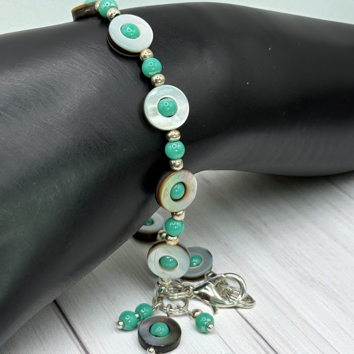 Teal Glass and Mother of Pearl Bracelet 8.25” | Ocean Style Boho Jewelry | Shell and Teal Beaded Bracelet | Gift for Her | Clasp Bracelet