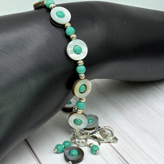 Teal Glass and Mother of Pearl Bracelet 8.25” | Ocean Style Boho Jewelry | Shell and Teal Beaded Bracelet | Gift for Her | Clasp Bracelet