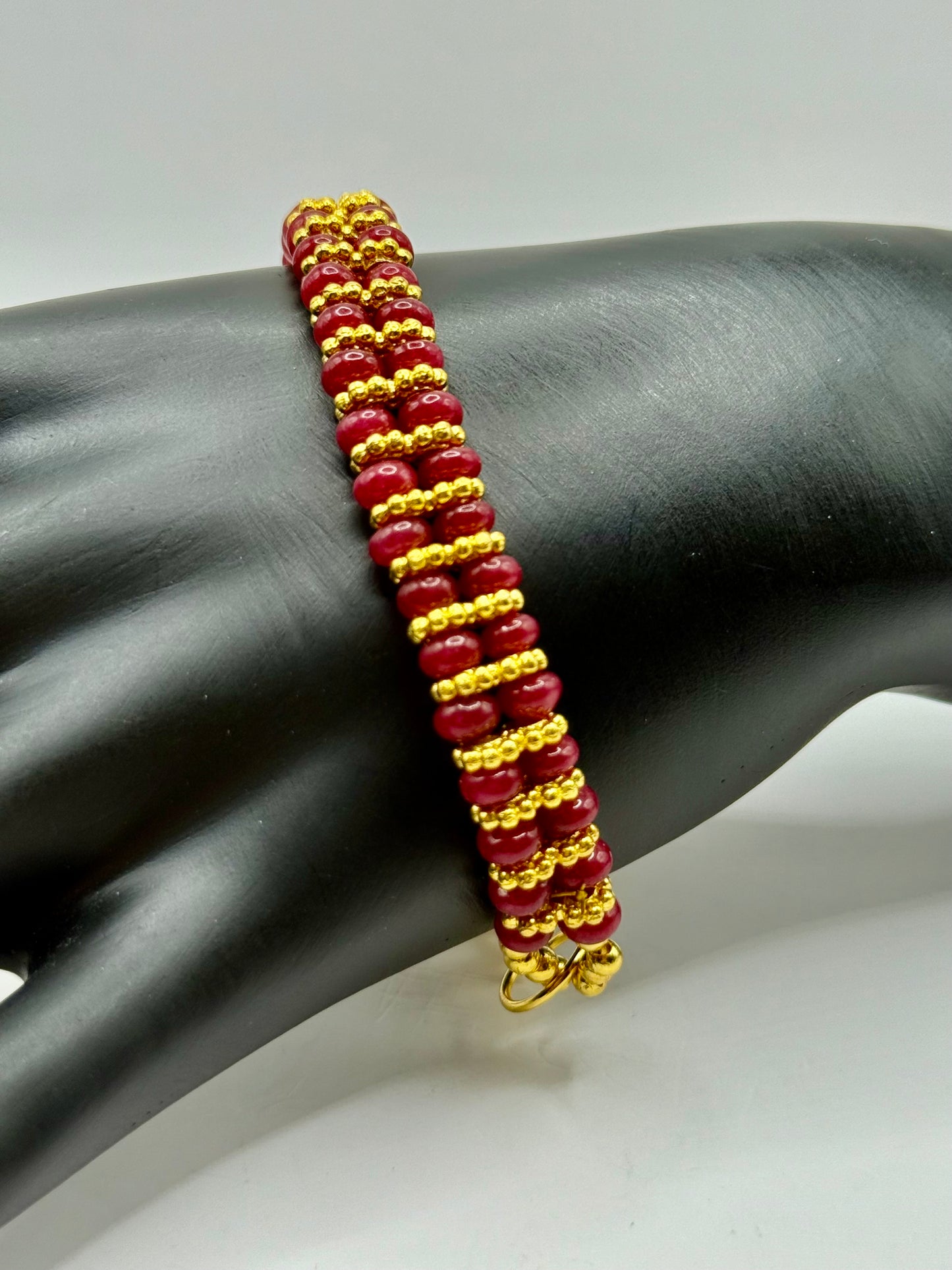 Cherry Quartz & Gold Beaded Bracelet – 7.75” Adjustable Clasp – Handmade Gemstone Jewelry – Free Resizing