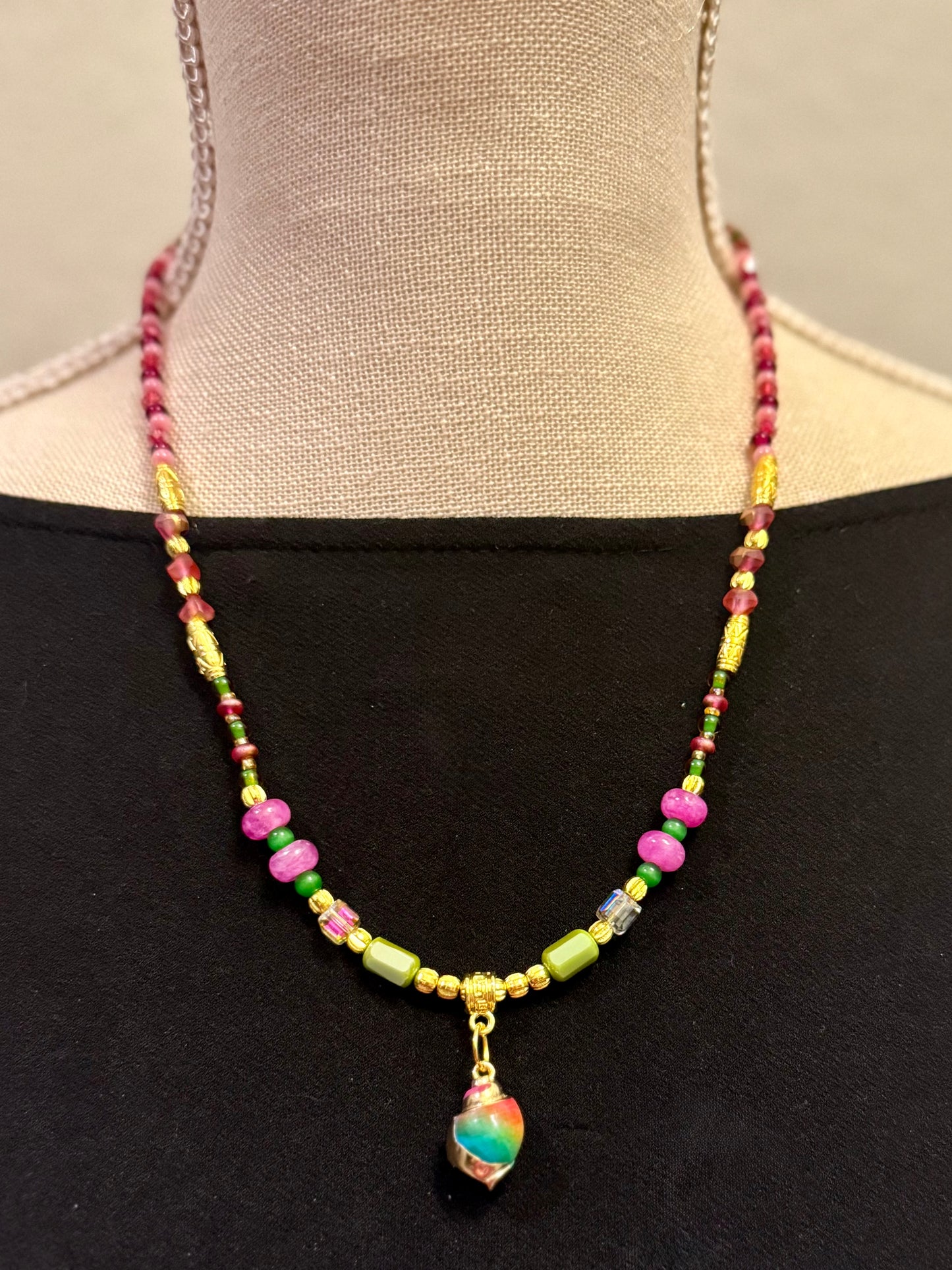Glass Beaded Necklace 20 Inch | Colorful Handmade Necklace | Artisan Bead Necklace | Gold Accent Jewelry | Pink