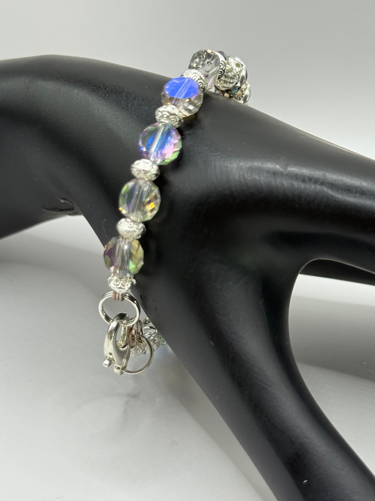 Iridescent Crystal Glass Bead Bracelet with Silver Accents | 7.5” Clasp | Handmade Jewelry Gift