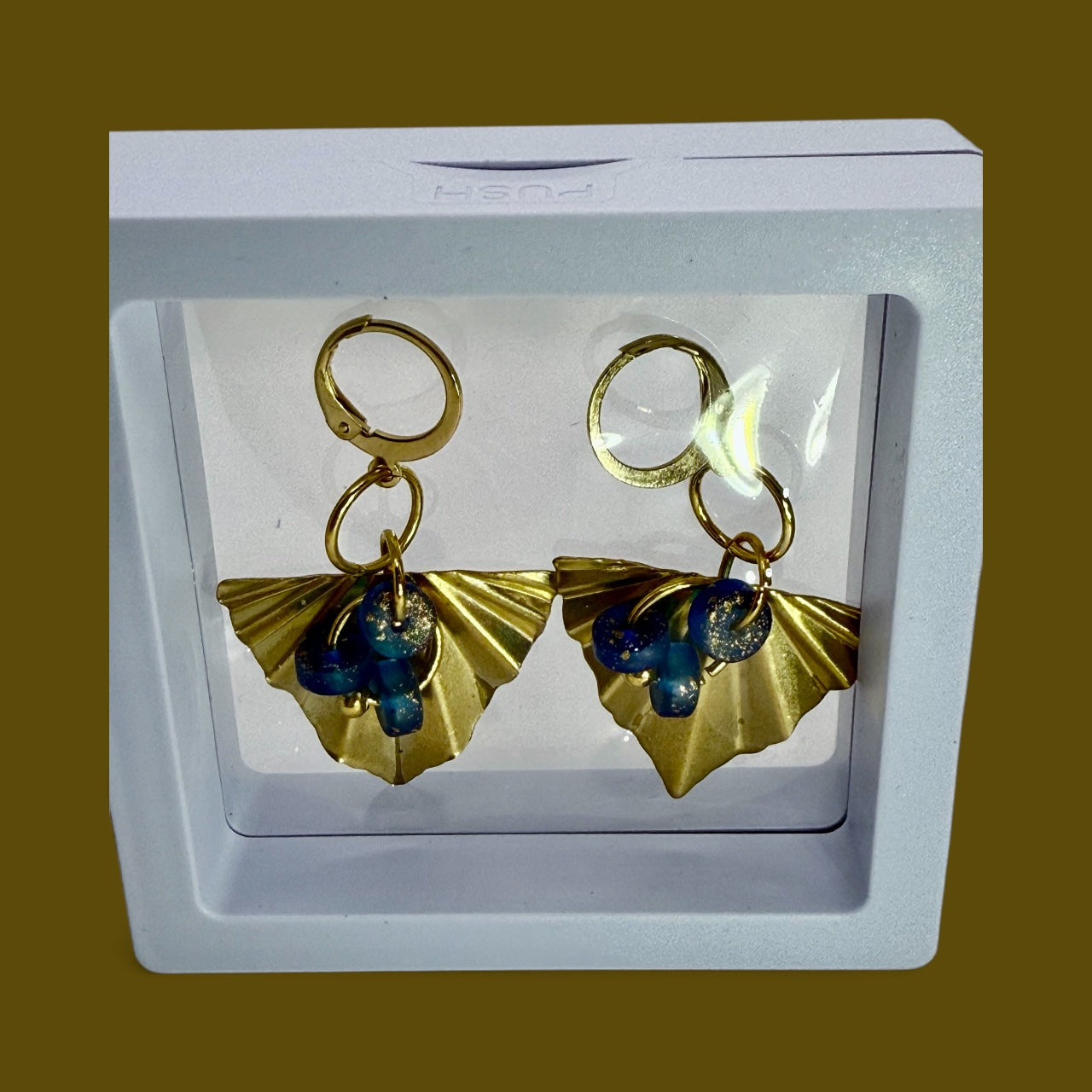 Gold Fan Drop Earrings with Blue Bead Accents | Lightweight Statement Earrings