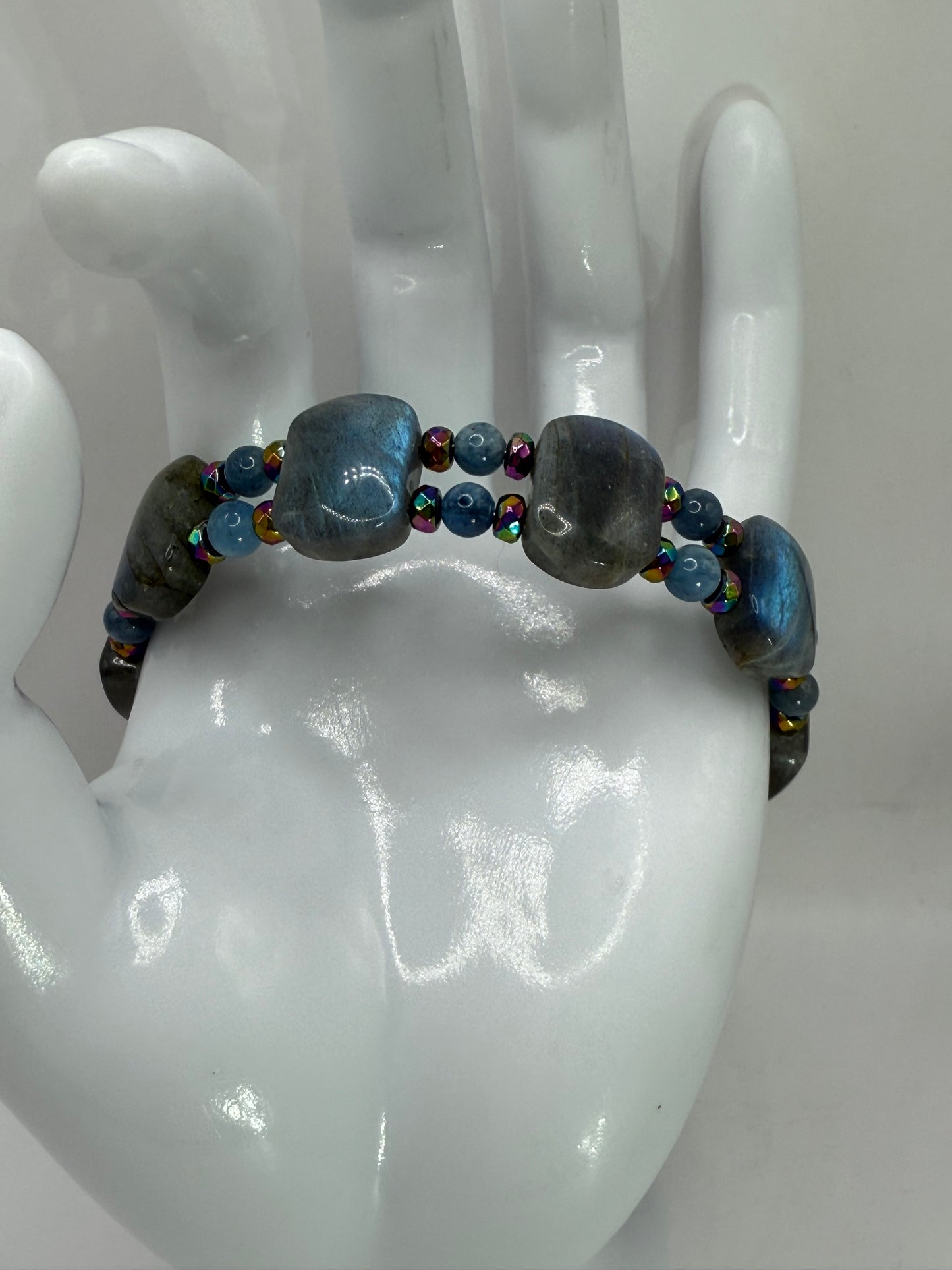 Labradorite Aquamarine Rainbow Hematite Double Bangle Bracelet | Adjustable 7.75–8” Clasp | Handmade Gemstone Jewelry