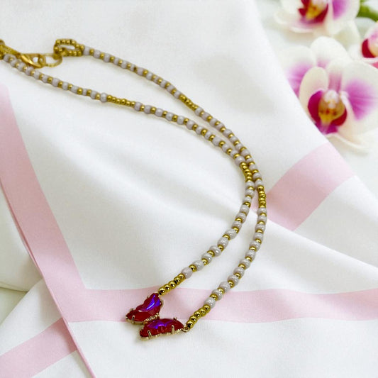 Gold and Pink Beaded Necklace with Bright Pink Butterfly Pendant – 20” Handmade Necklace Gift for Her